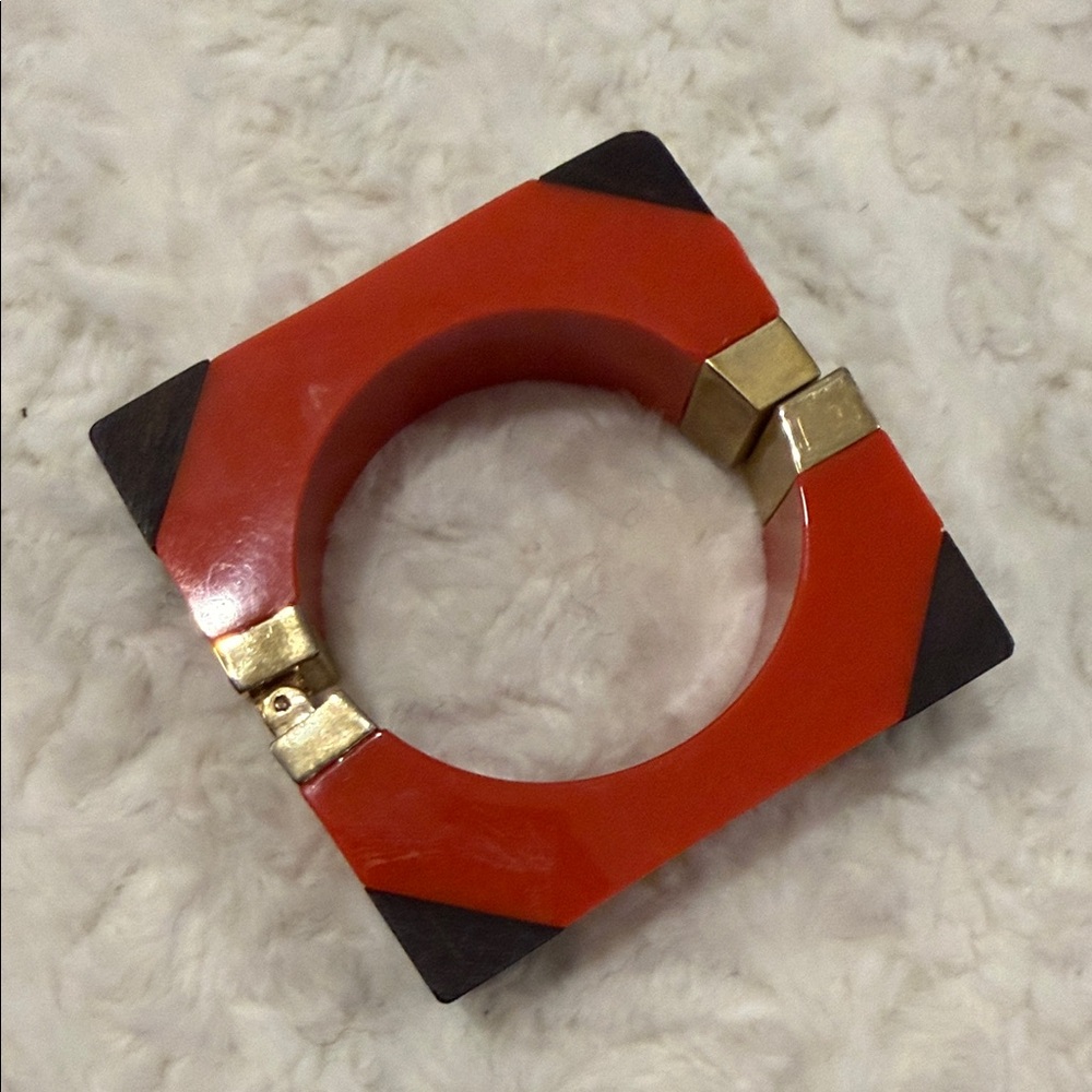 Orange Geometric Hinged Bangle Bracelet with Gold Accents